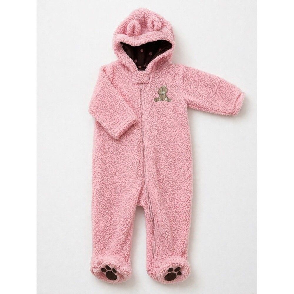 Carter’s 9M Pink Fleece Bunting Bear Hood Pajamas One Piece Baby Girl Sherpa